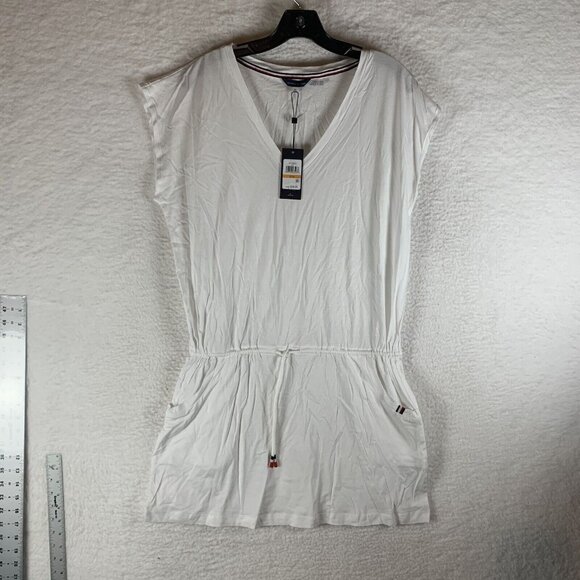 Tommy Hilfiger Cover Up Dress Women's S/M White Cotton‎ Drawstring V-Neck S9500 - Picture 1 of 9